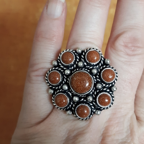 New Sunstone Sandstone Adjustable Silver Cocktail Ring. - Picture 5 of 8